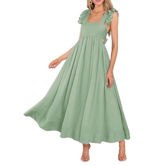 Dresses & Skirts - Sage Green Square Neck Ruffle Sleeve Maxi Dress Tie Back Cutout Summer Vacation